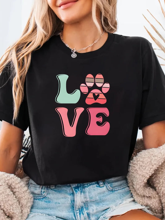 Men's and Women's Black Crew Neck T-Shirt with Colorful Paw Prints and Paw Print Letters
